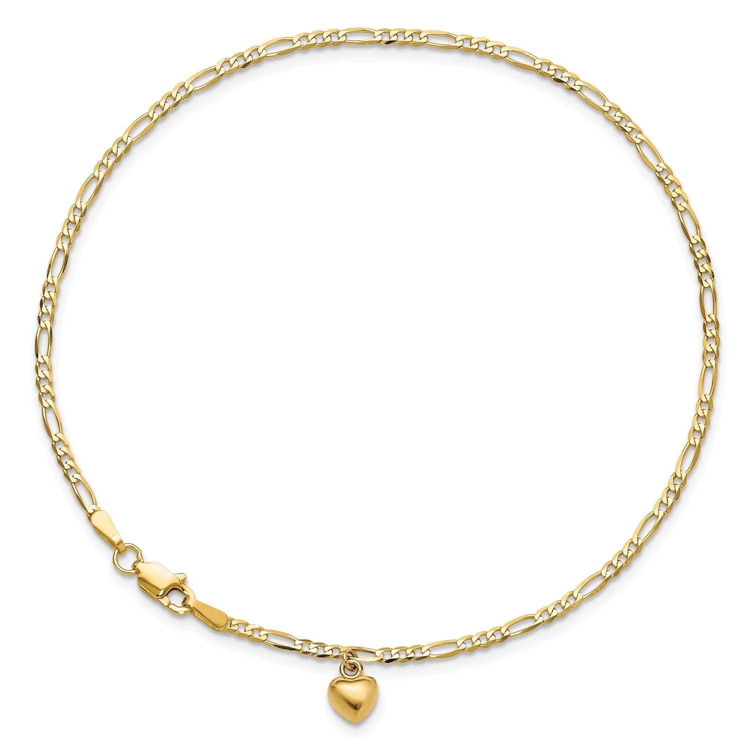 14K Real Solid Gold Figaro Link Chain Anklet with Dangling Heart Charm - JewelryAffairs
