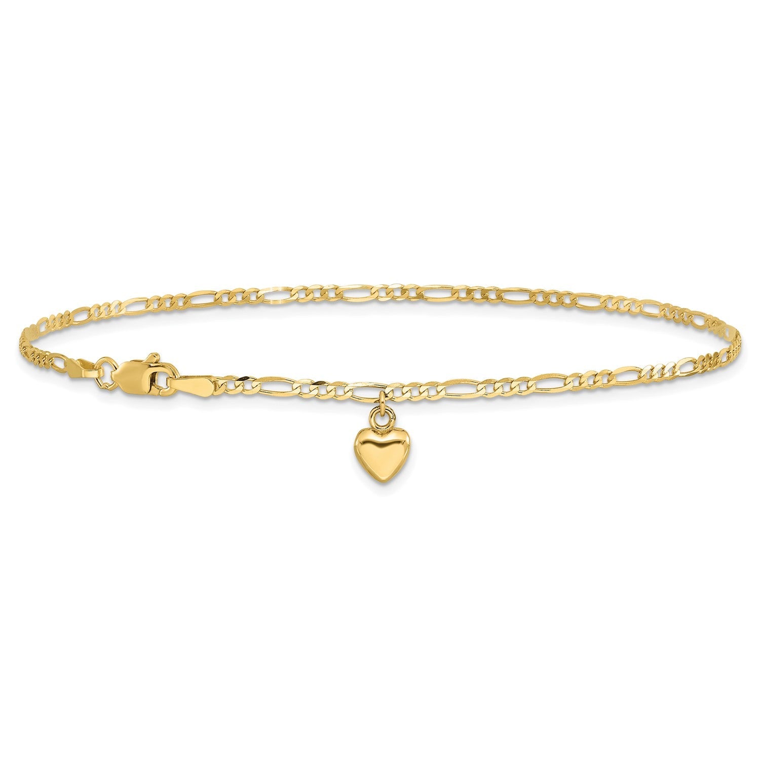 14K Real Solid Gold Figaro Link Chain Anklet with Dangling Heart Charm - JewelryAffairs