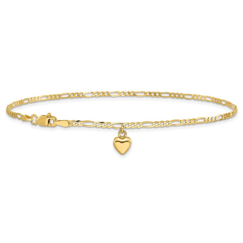 14K Real Solid Gold Figaro Link Chain Anklet with Dangling Heart Charm