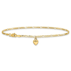14K Real Solid Gold Figaro Link Chain Anklet with Dangling Heart Charm - JewelryAffairs