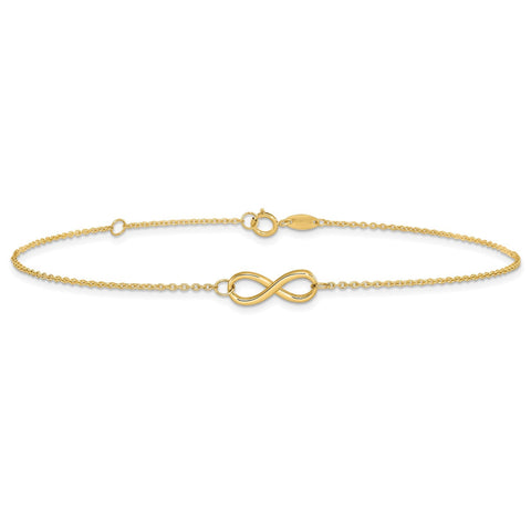14k Real Solid Gold High Polished Infinity Charm Anklet, 9-10 in Adjustable