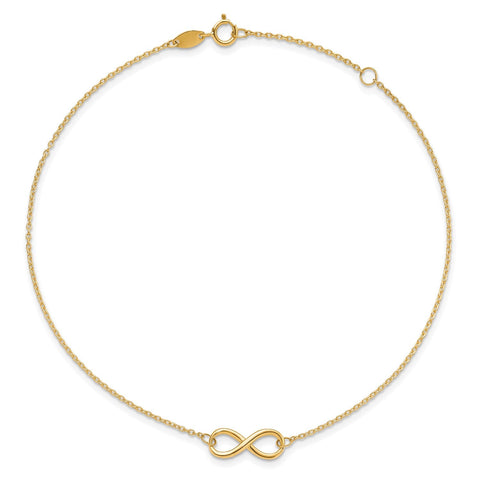 14k Real Solid Gold High Polished Infinity Charm Anklet, 9-10 in Adjustable