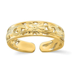 14k Real Solid Yellow Gold Adjustable Flower with Leaf Design Toe Summer Ring - JewelryAffairs