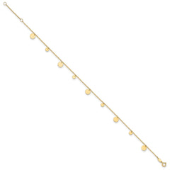 14K Real Solid Yellow Gold High Polished Circles Charm 9 to 10 Adjustable Anklet