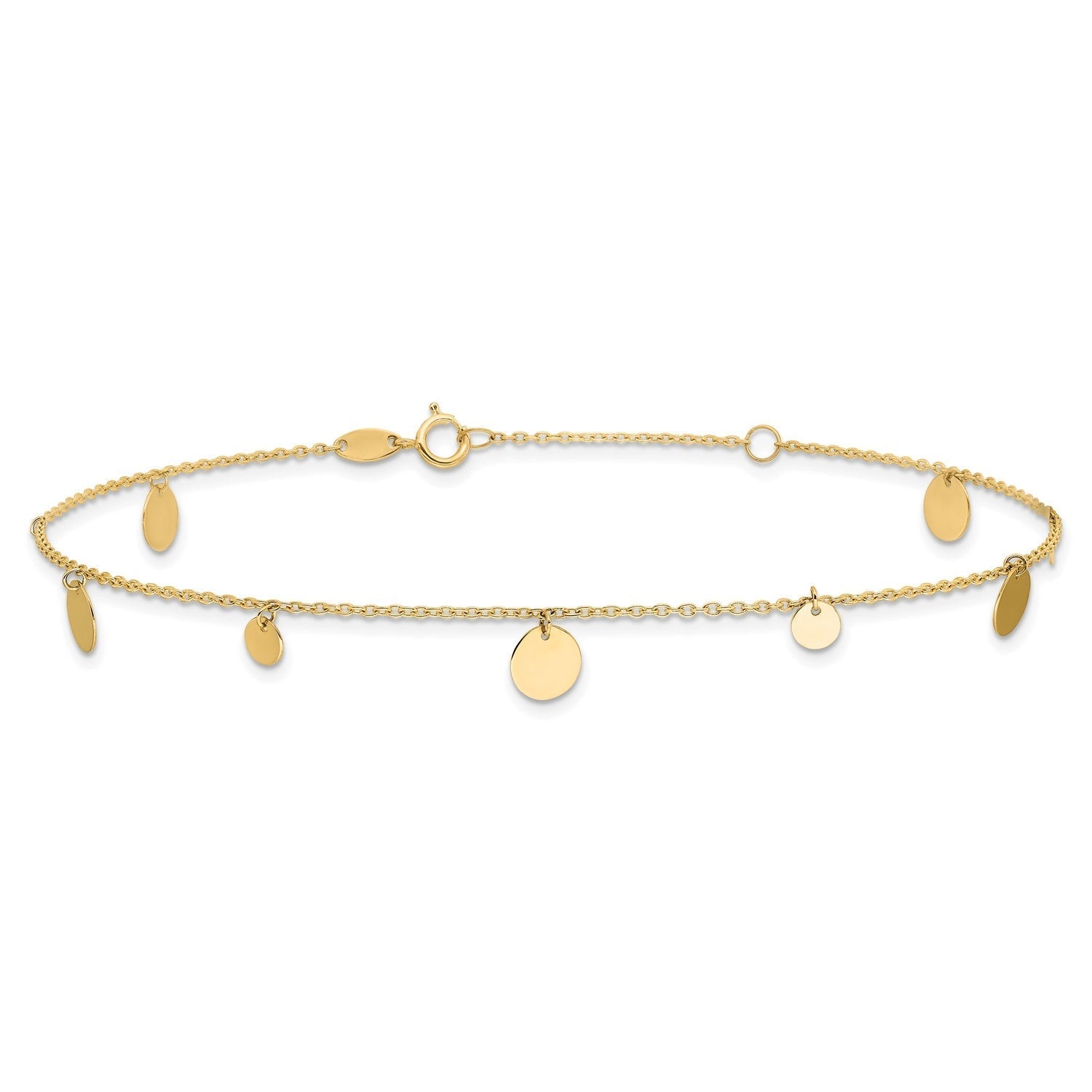 14K Real Solid Yellow Gold High Polished Circles Charm 9 to 10 Adjustable Anklet