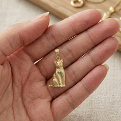 14K Real Solid Yellow Gold Sitting Cat Pendant, 25x13mm