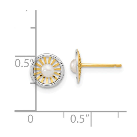 14k Real Two-tone Gold Freshwater Cultured Pearl Post Earrings, 3mm