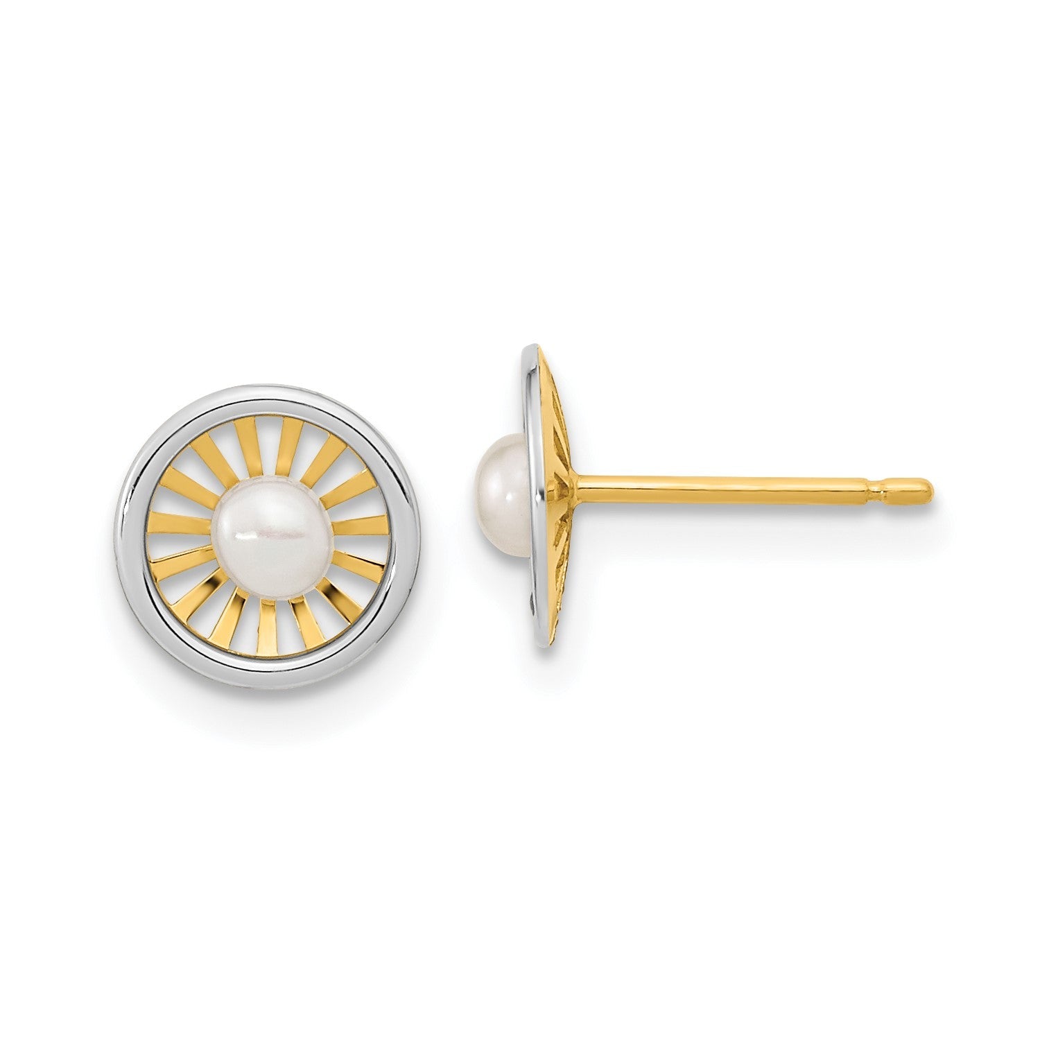 14k Real Two - tone Gold Freshwater Cultured Pearl Post Earrings, 3mm - JewelryAffairs