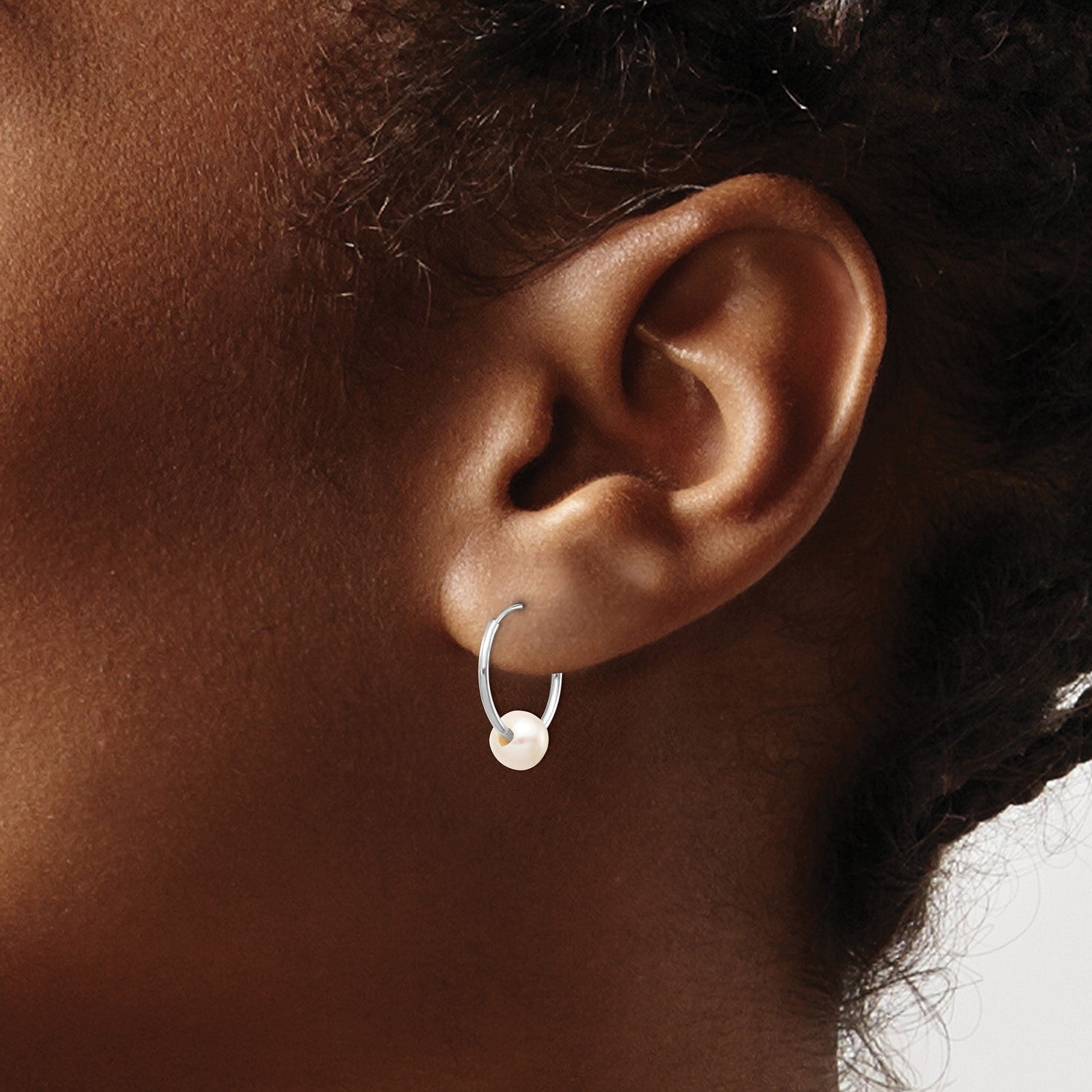 14k Real White Gold 5 - 6mm White Freshwater Cultured Pearl Endless Hoop Earrings, 12mm - JewelryAffairs