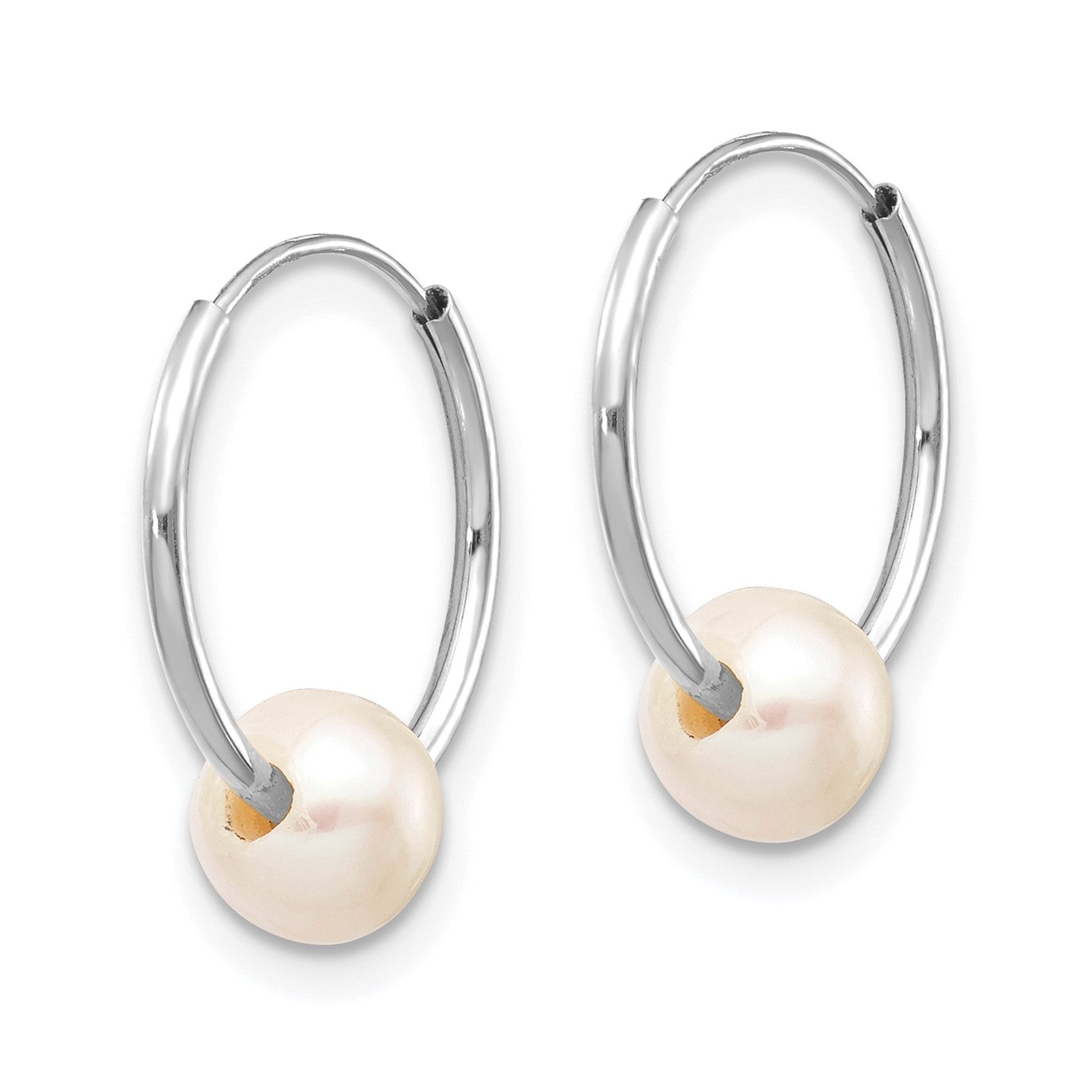 14k Real White Gold 5 - 6mm White Freshwater Cultured Pearl Endless Hoop Earrings, 12mm - JewelryAffairs