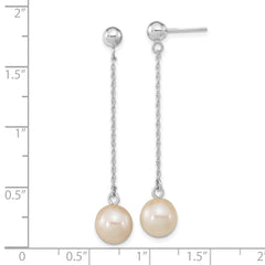 14k Real White Gold Fresh Water Round Pearl Dangle Post Earrings, 46mm Length