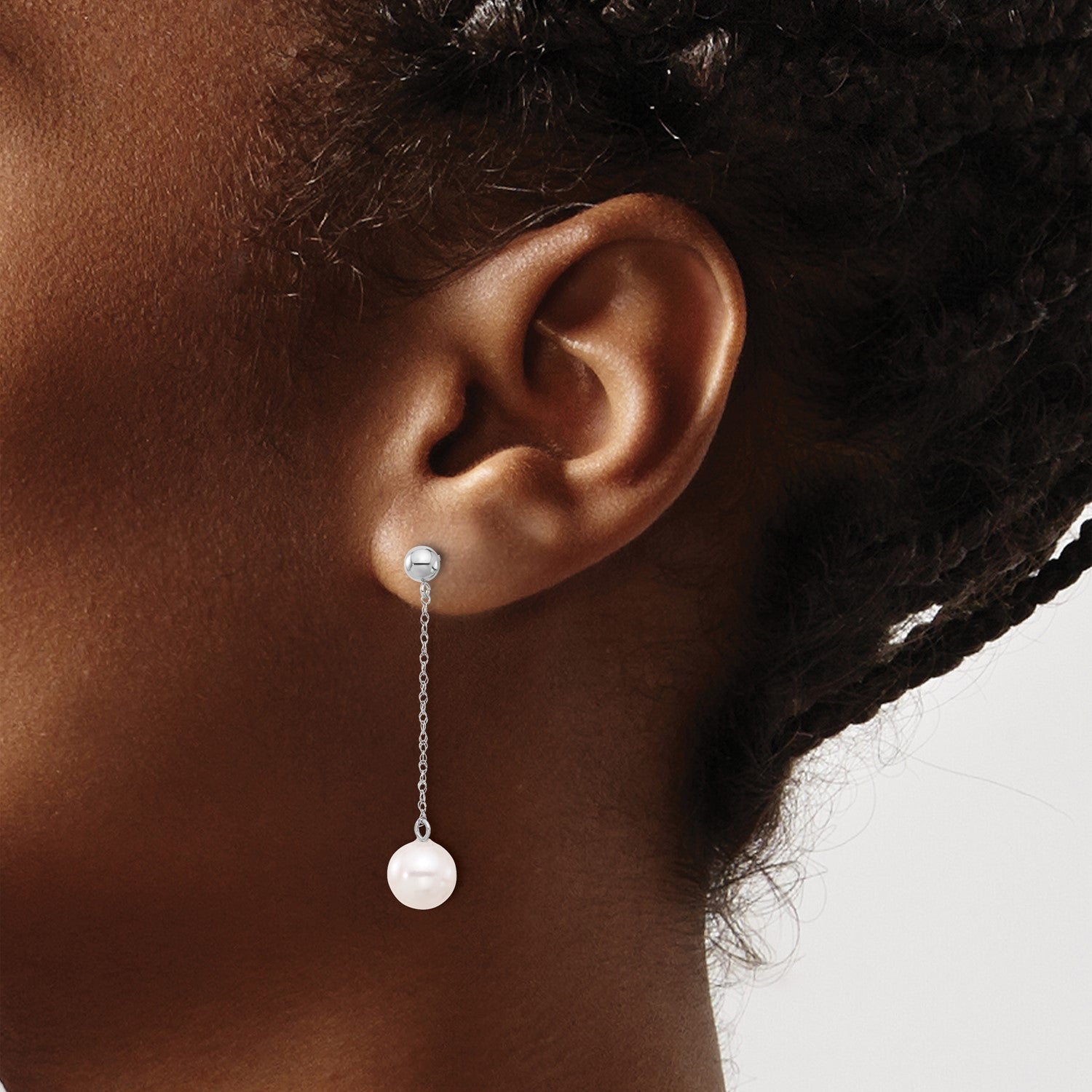 14k Real White Gold Fresh Water Round Pearl Dangle Post Earrings, 46mm Length - JewelryAffairs