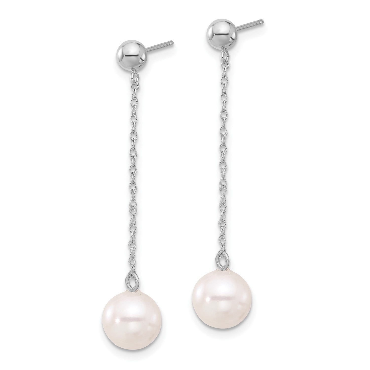 14k Real White Gold Fresh Water Round Pearl Dangle Post Earrings, 46mm Length - JewelryAffairs