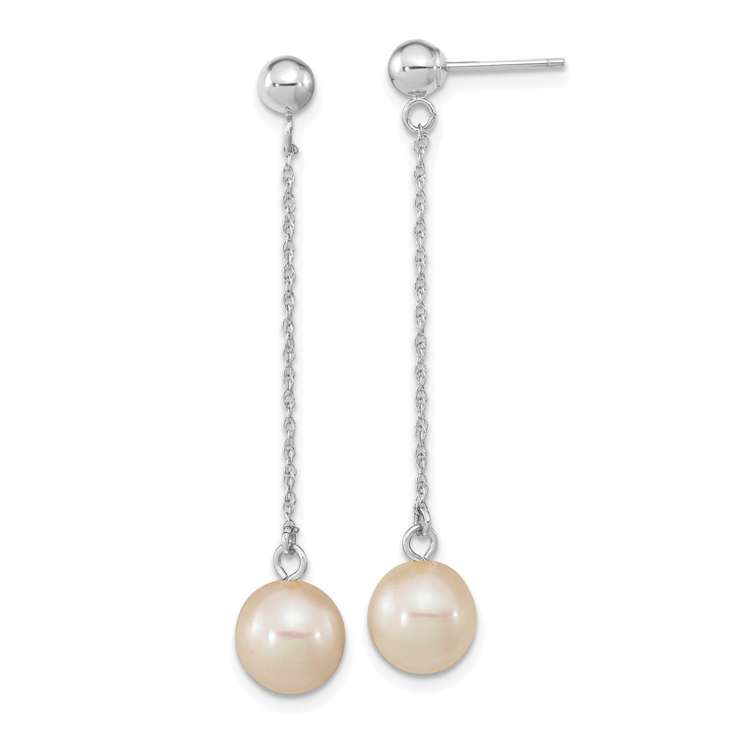 14k Real White Gold Fresh Water Round Pearl Dangle Post Earrings, 46mm Length - JewelryAffairs