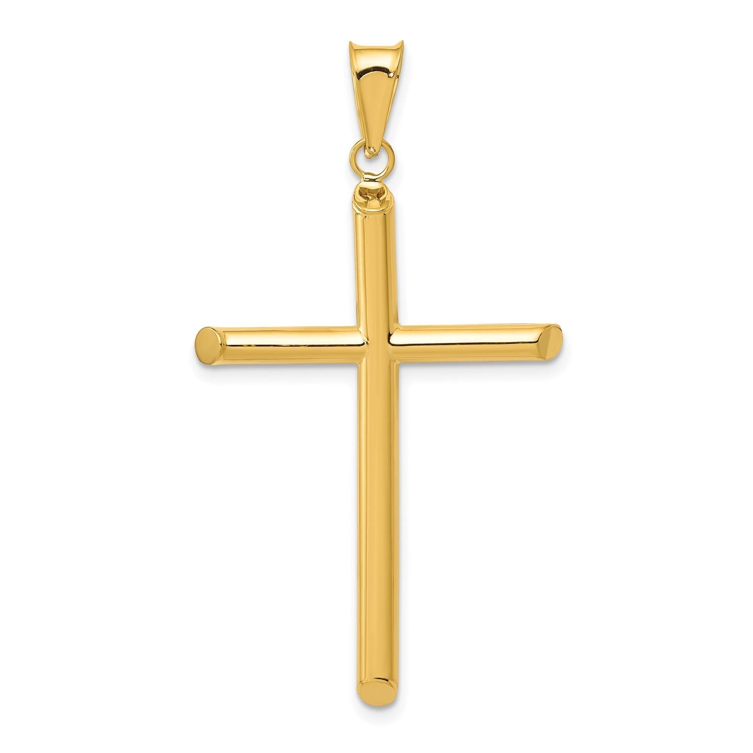 14k Real Yellow Gold 3 - D Polished Hollow Cross Pendant, 45x25mm - JewelryAffairs