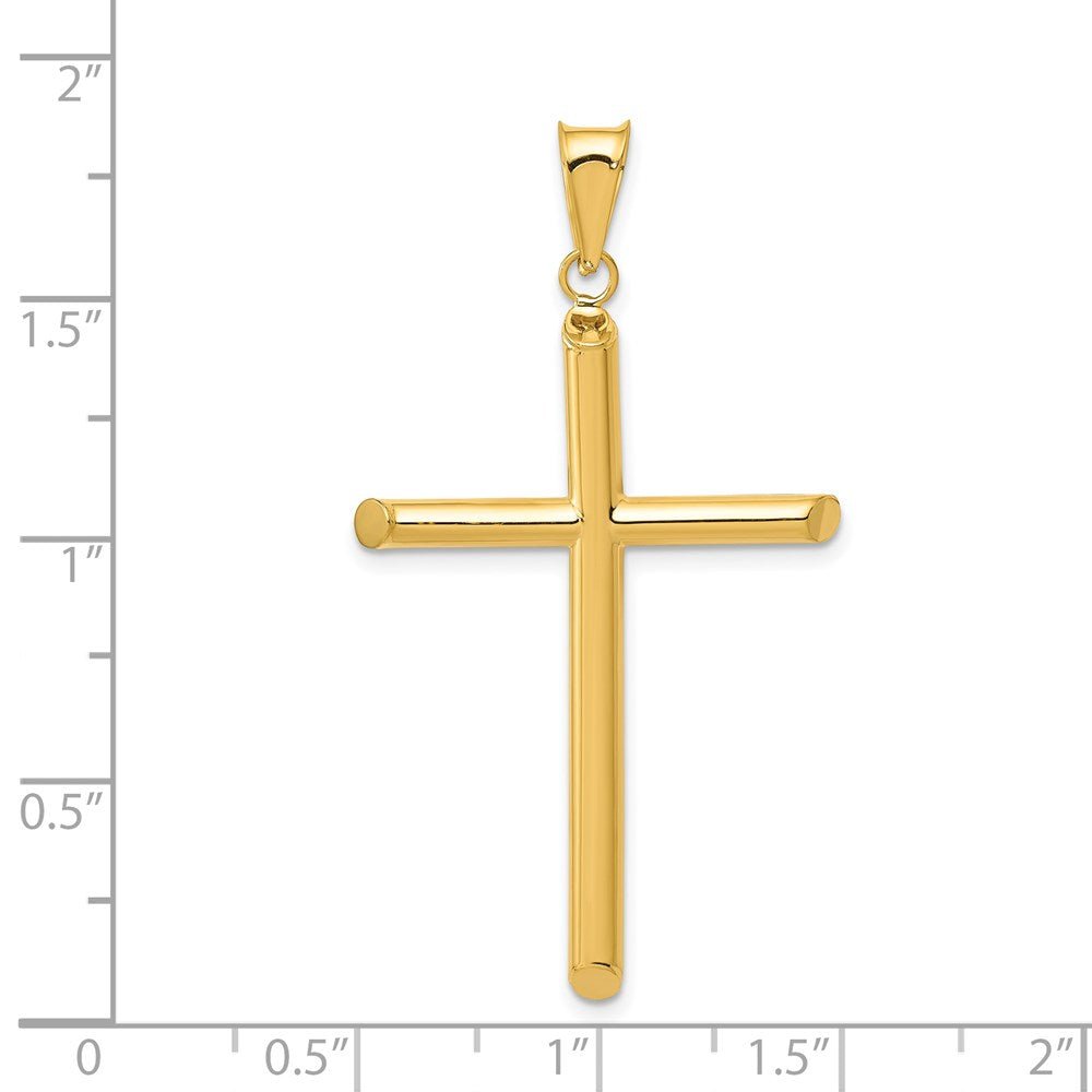 14k Real Yellow Gold 3 - D Polished Hollow Cross Pendant, 45x25mm - JewelryAffairs