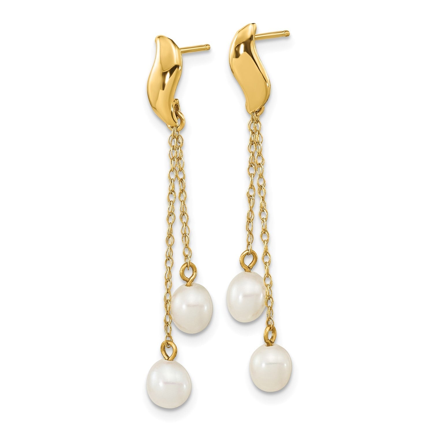 14k Real Yellow Gold 4 - 5mm White Rice Freshwater Cultured Pearl Dangle Earrings, 43mm Length - JewelryAffairs