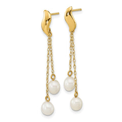 14k Real Yellow Gold 4 - 5mm White Rice Freshwater Cultured Pearl Dangle Earrings, 43mm Length - JewelryAffairs