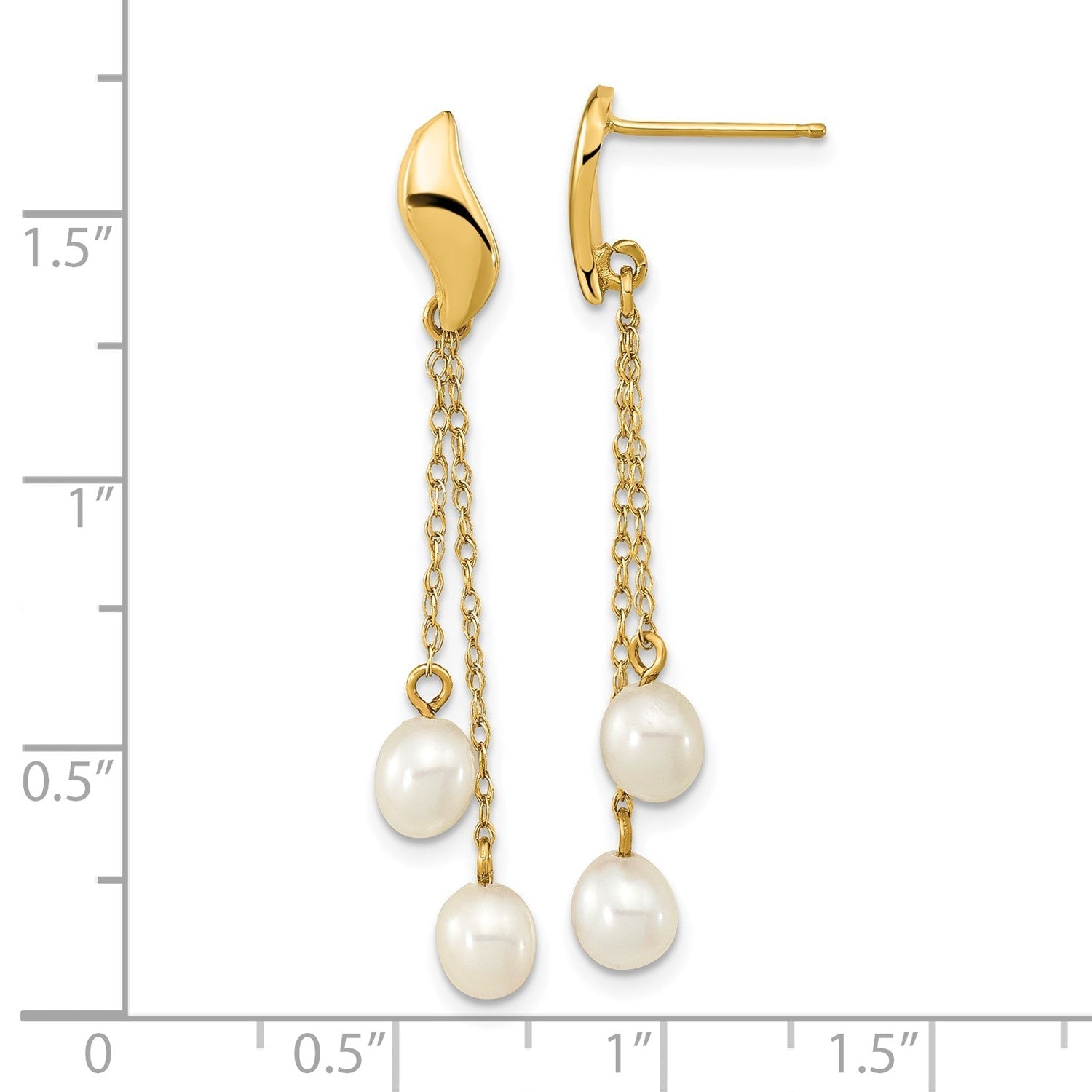 14k Real Yellow Gold 4 - 5mm White Rice Freshwater Cultured Pearl Dangle Earrings, 43mm Length - JewelryAffairs