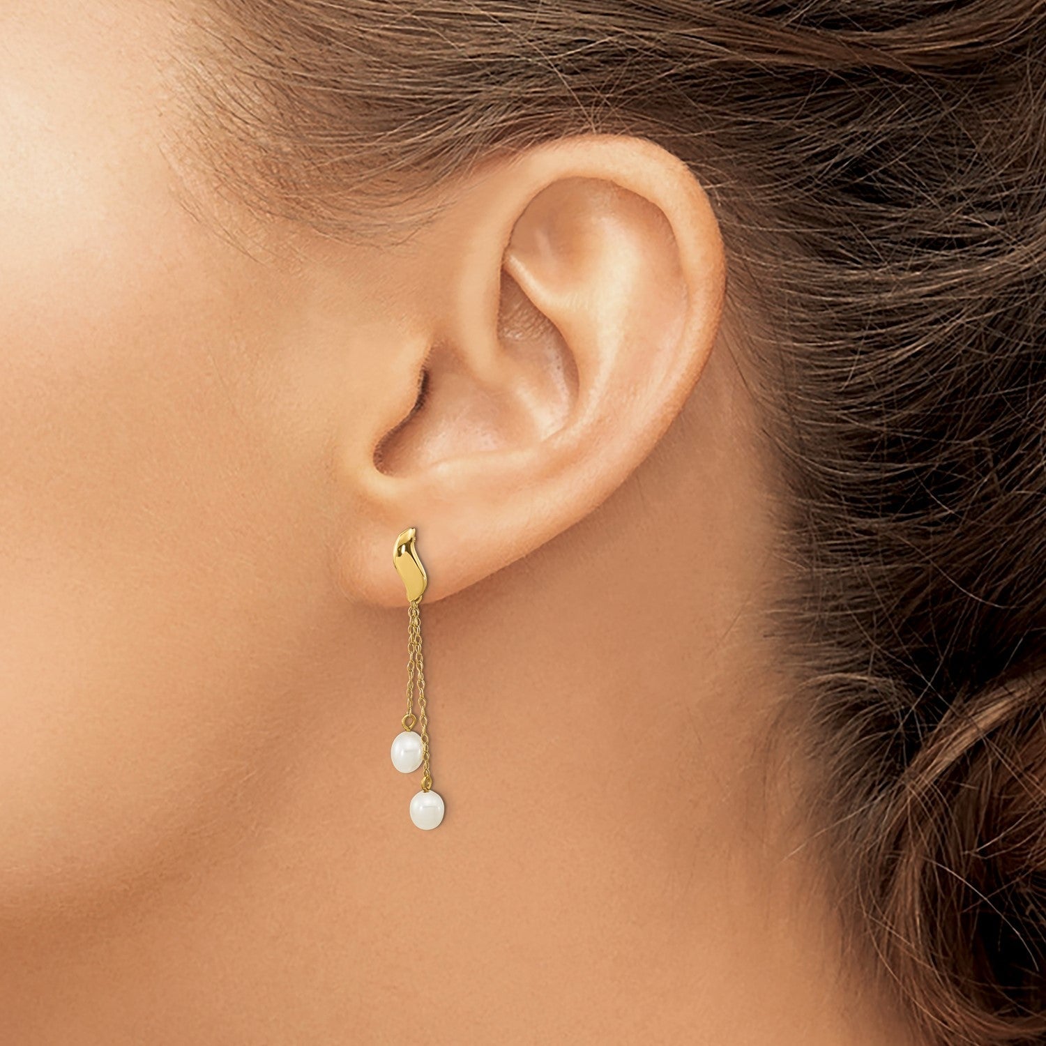14k Real Yellow Gold 4 - 5mm White Rice Freshwater Cultured Pearl Dangle Earrings, 43mm Length - JewelryAffairs