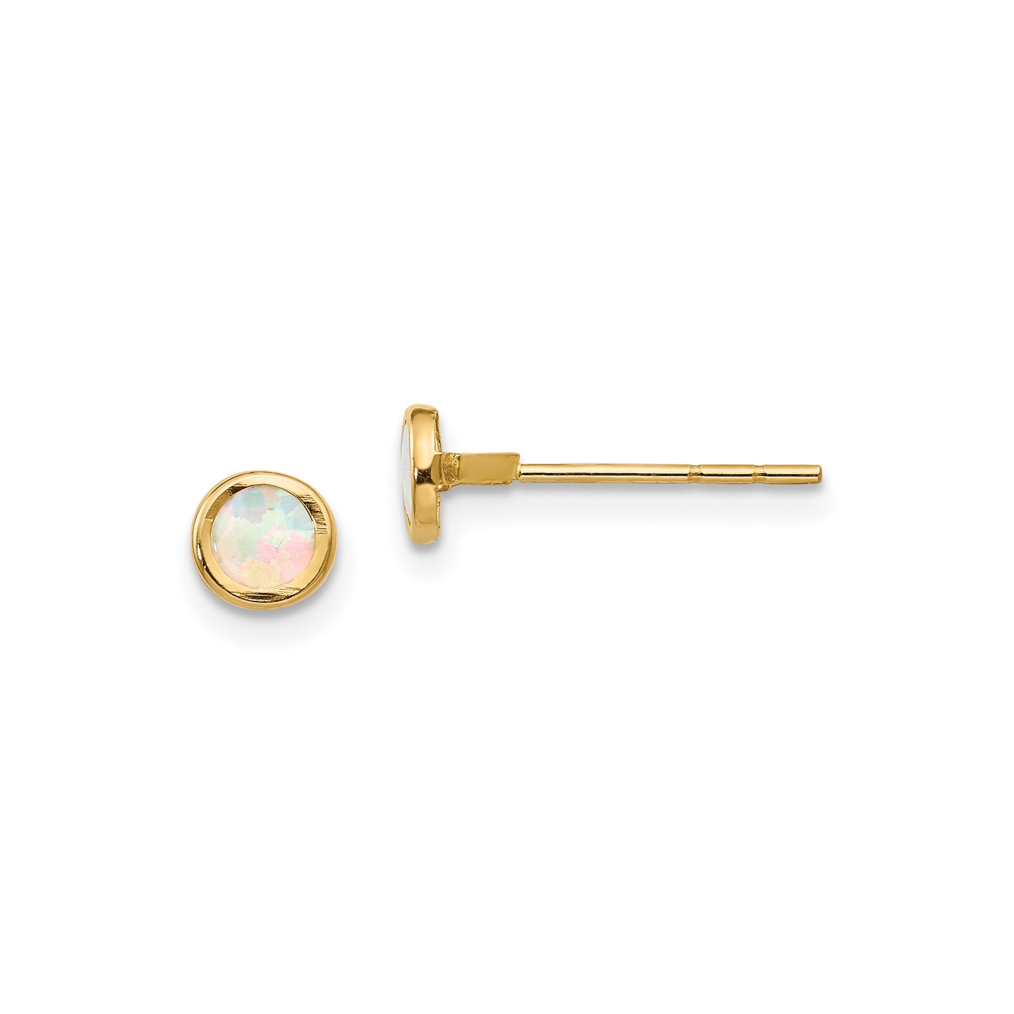 14K Real Yellow Gold 4mm Round Opal Bezel Post Stud Earrings - JewelryAffairs