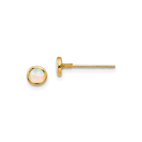 14K Real Yellow Gold 4mm Round Opal Bezel Post Stud Earrings