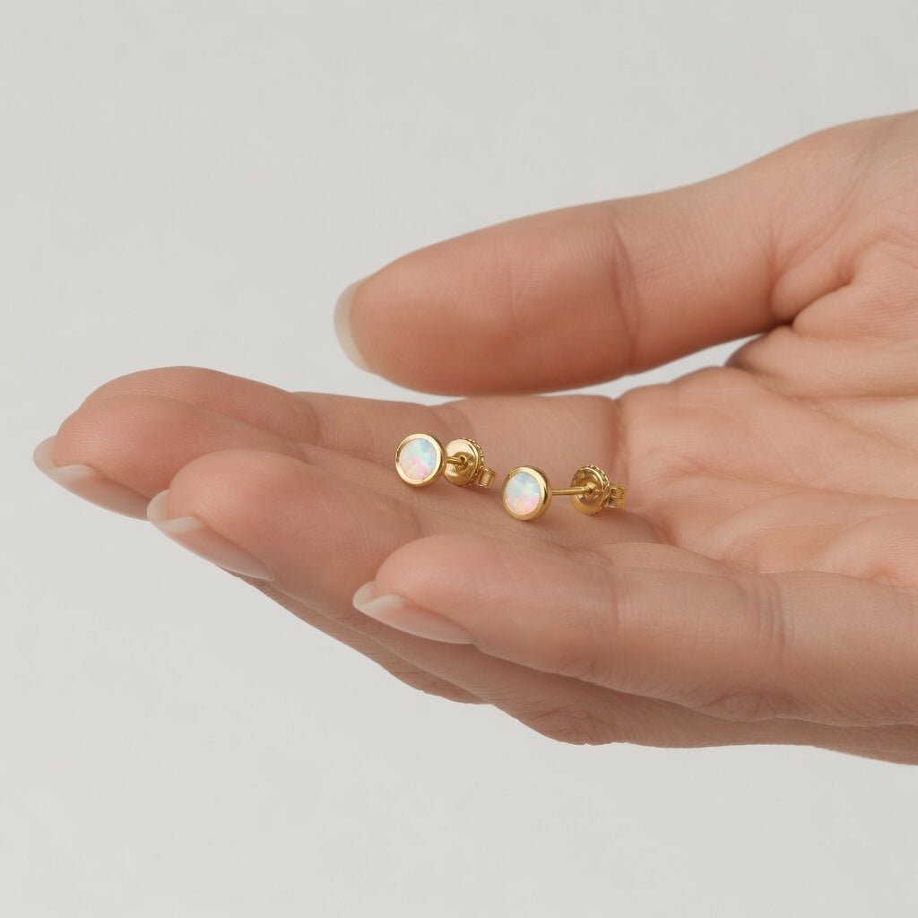 14K Real Yellow Gold 4mm Round Opal Bezel Post Stud Earrings - JewelryAffairs