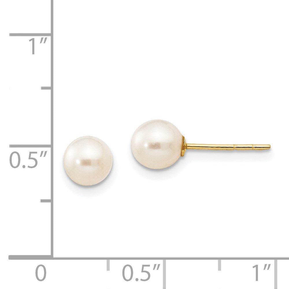 14K Real Yellow Gold 5 - 6mm White Near Round Freshwater Cultured Pearl Post Stud Earrings - JewelryAffairs