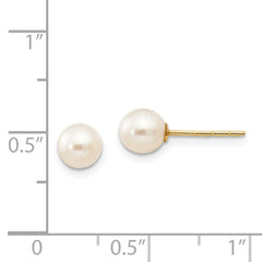 14K Real Yellow Gold 5 - 6mm White Near Round Freshwater Cultured Pearl Post Stud Earrings - JewelryAffairs
