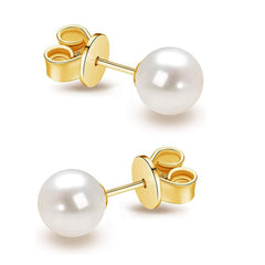14K Real Yellow Gold 5 - 6mm White Near Round Freshwater Cultured Pearl Post Stud Earrings - JewelryAffairs