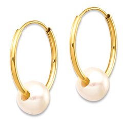 14k Real Yellow Gold 5.5 mm White Round Freshwater Cultured Pearl Endless Hoop Earrings - JewelryAffairs