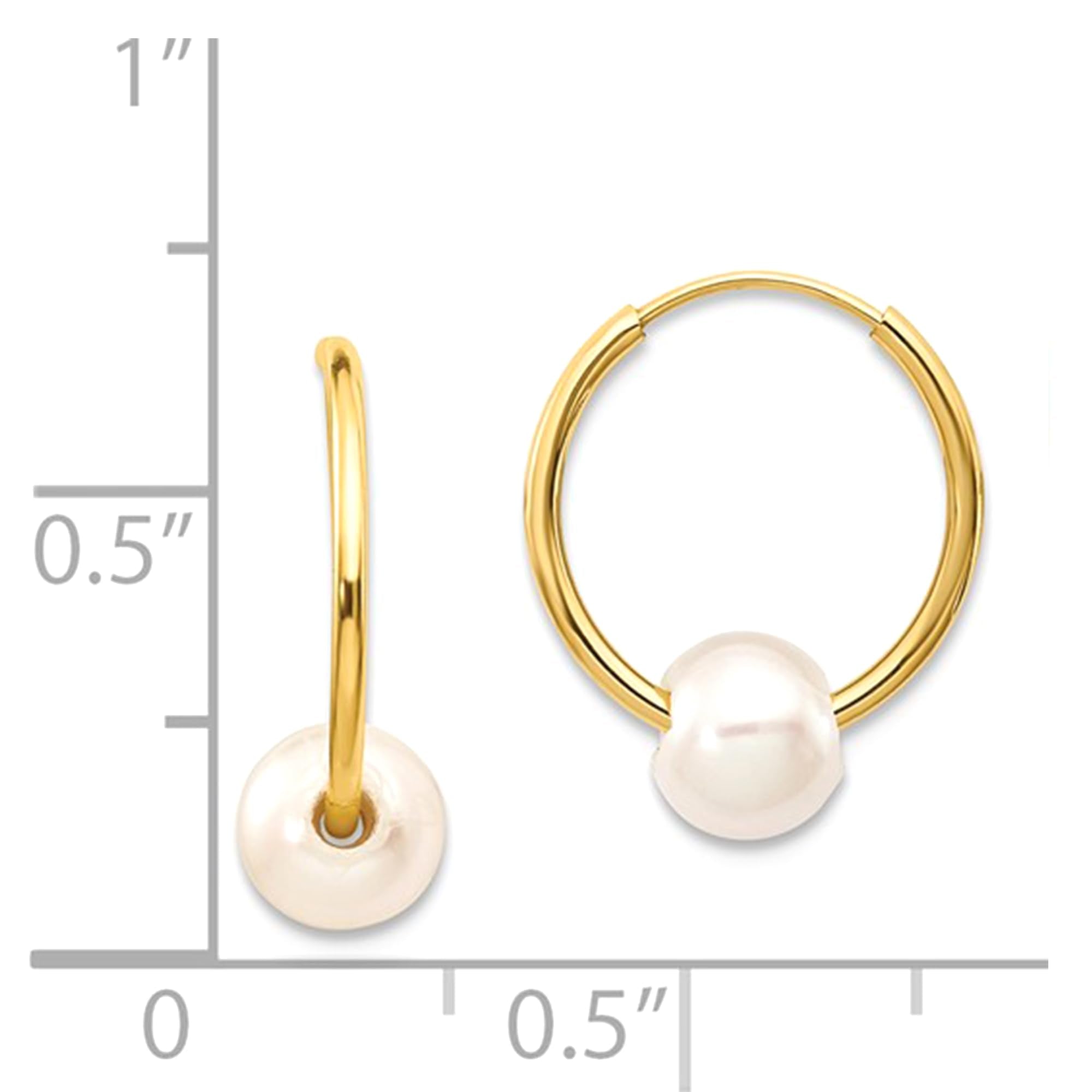 14k Real Yellow Gold 5.5 mm White Round Freshwater Cultured Pearl Endless Hoop Earrings - JewelryAffairs