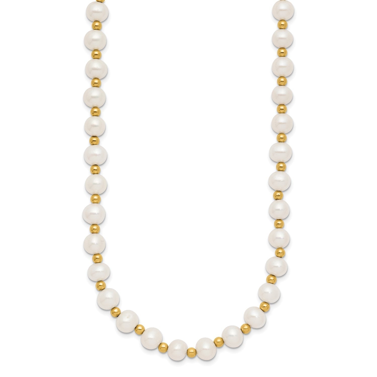 14K Real Yellow Gold 6 - 7mm White Near Round FW Cultured Pearl Bead Necklace - JewelryAffairs