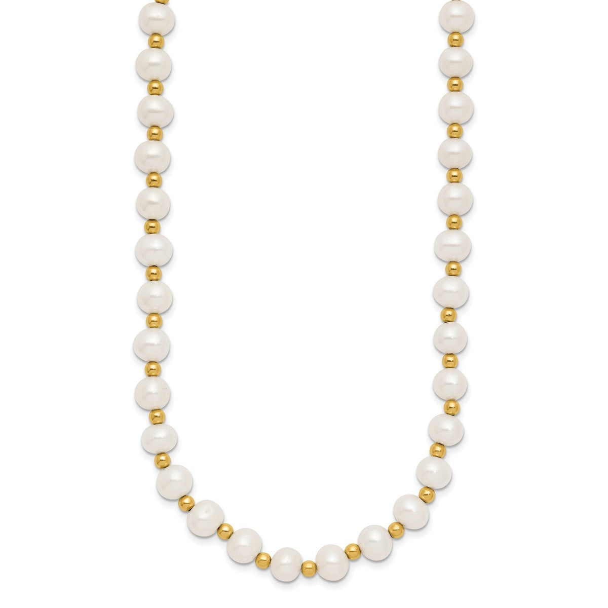 14K Real Yellow Gold 6 - 7mm White Near Round FW Cultured Pearl Bead Necklace - JewelryAffairs