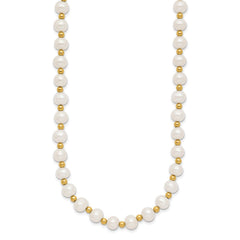 14K Real Yellow Gold 6 - 7mm White Near Round FW Cultured Pearl Bead Necklace - JewelryAffairs