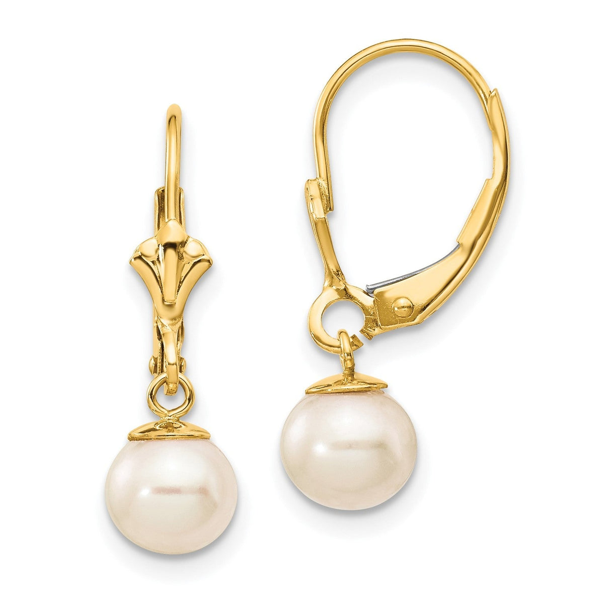 14k Real Yellow Gold 6 - 7mm White Round Freshwater Cultured Pearl Lever Back Earrings - JewelryAffairs