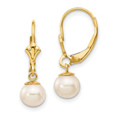14k Real Yellow Gold 6 - 7mm White Round Freshwater Cultured Pearl Lever Back Earrings - JewelryAffairs