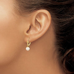 14k Real Yellow Gold 6 - 7mm White Round Freshwater Cultured Pearl Lever Back Earrings - JewelryAffairs