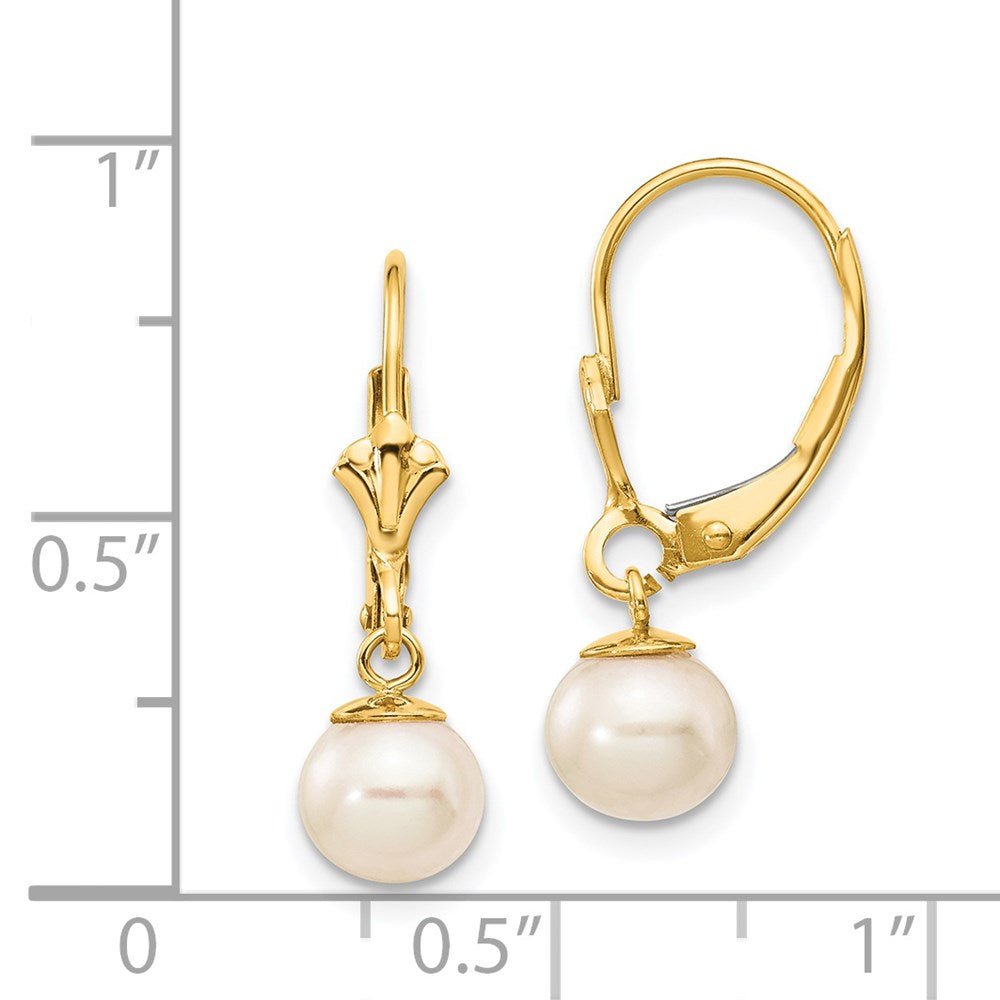 14k Real Yellow Gold 6 - 7mm White Round Freshwater Cultured Pearl Lever Back Earrings - JewelryAffairs