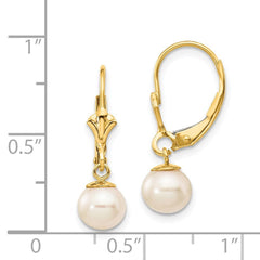 14k Real Yellow Gold 6-7mm White Round Freshwater Cultured Pearl Lever Back Earrings
