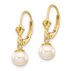 14k Real Yellow Gold 6 - 7mm White Round Freshwater Cultured Pearl Lever Back Earrings - JewelryAffairs