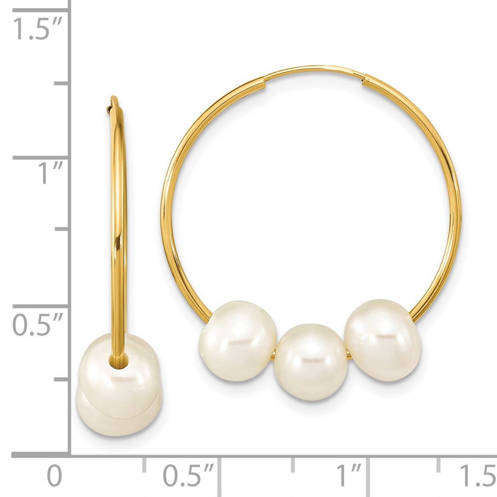 14k Real Yellow Gold 6 to 7mm Round White Fresh Water Pearl Hoop Endless Earrings, 26mm - JewelryAffairs