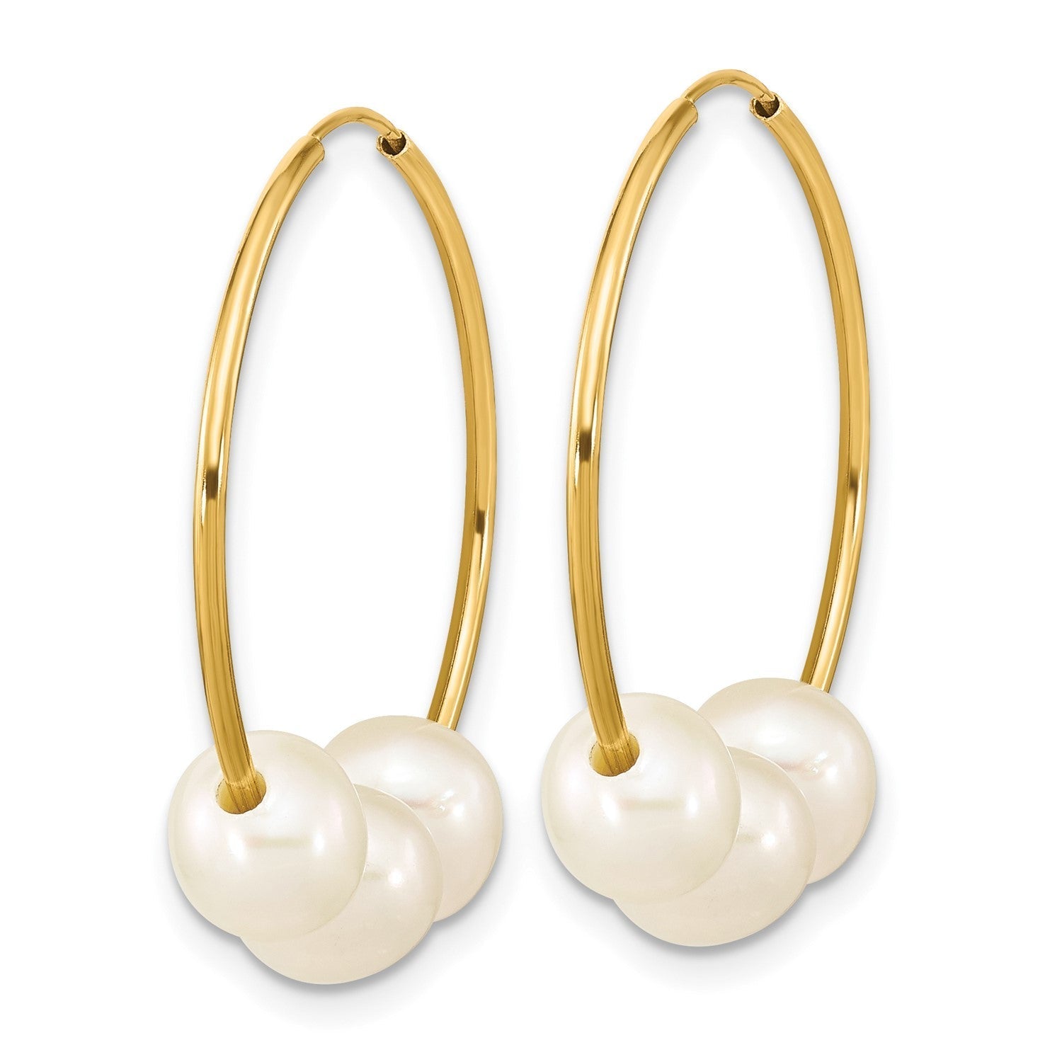 14k Real Yellow Gold 6 to 7mm Round White Fresh Water Pearl Hoop Endless Earrings, 26mm - JewelryAffairs