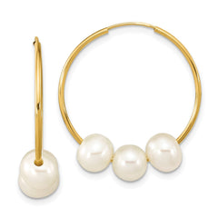 14k Real Yellow Gold 6 to 7mm Round White Fresh Water Pearl Hoop Endless Earrings, 26mm - JewelryAffairs