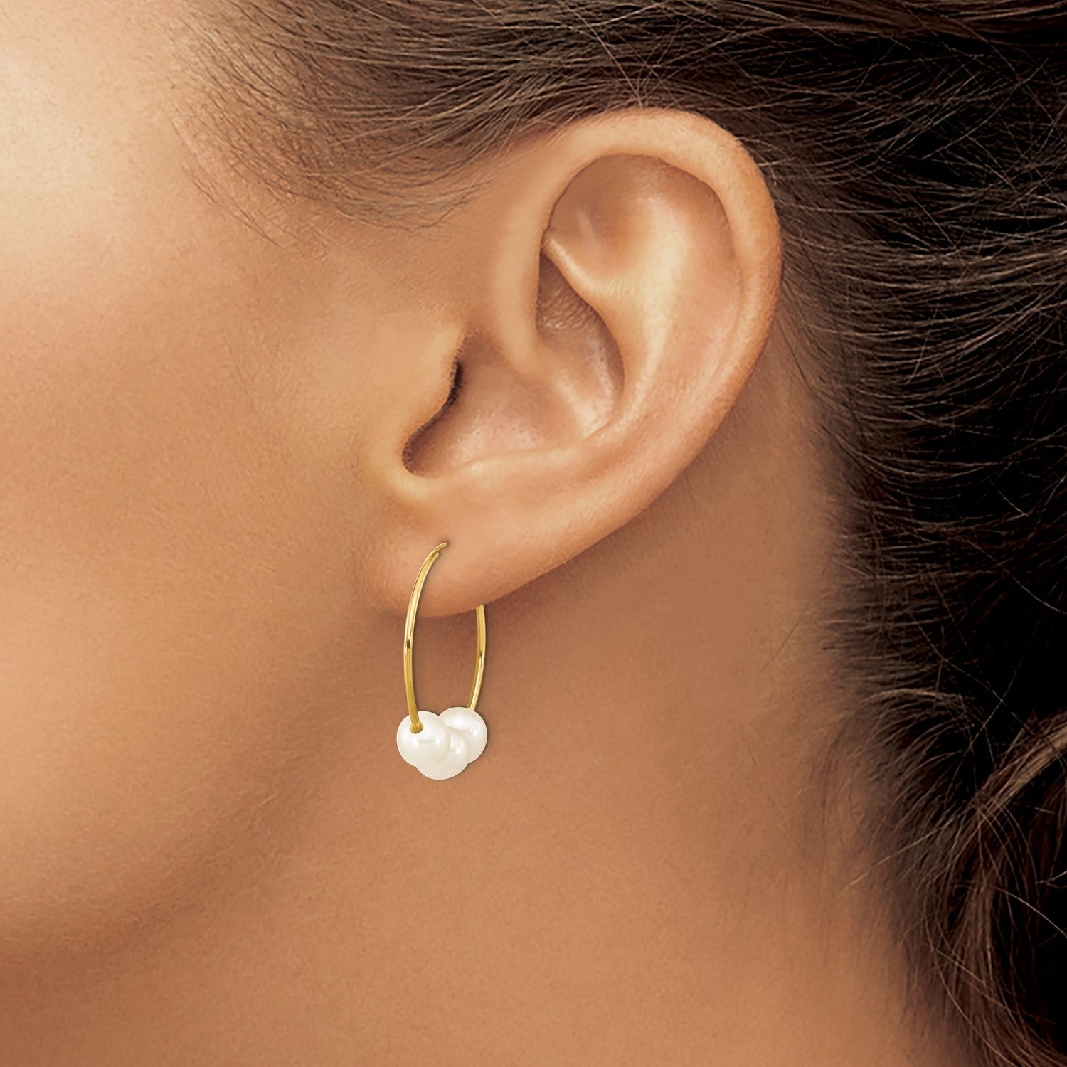 14k Real Yellow Gold 6 to 7mm Round White Fresh Water Pearl Hoop Endless Earrings, 26mm - JewelryAffairs