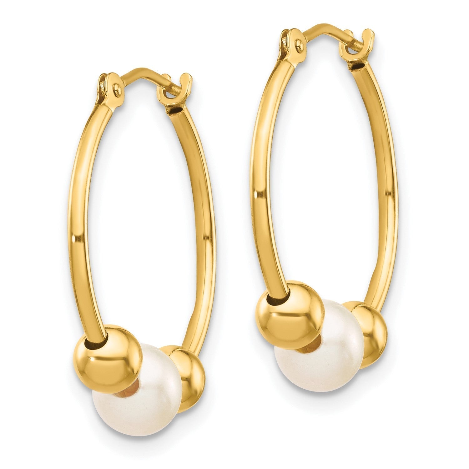 14k Real Yellow Gold 6mm Freshwater Cultured Pearl Hoop Earring, 19mm Diameter - JewelryAffairs