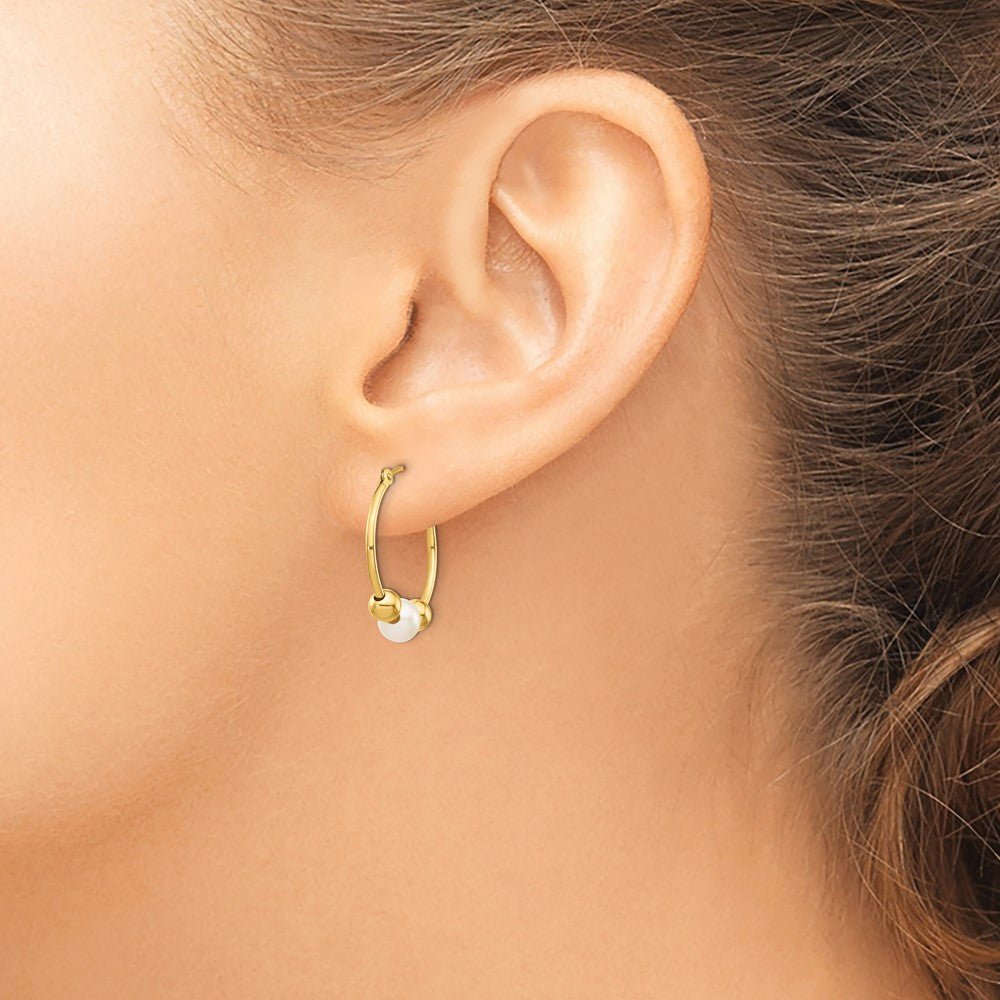 14k Real Yellow Gold 6mm Freshwater Cultured Pearl Hoop Earring, 19mm Diameter - JewelryAffairs