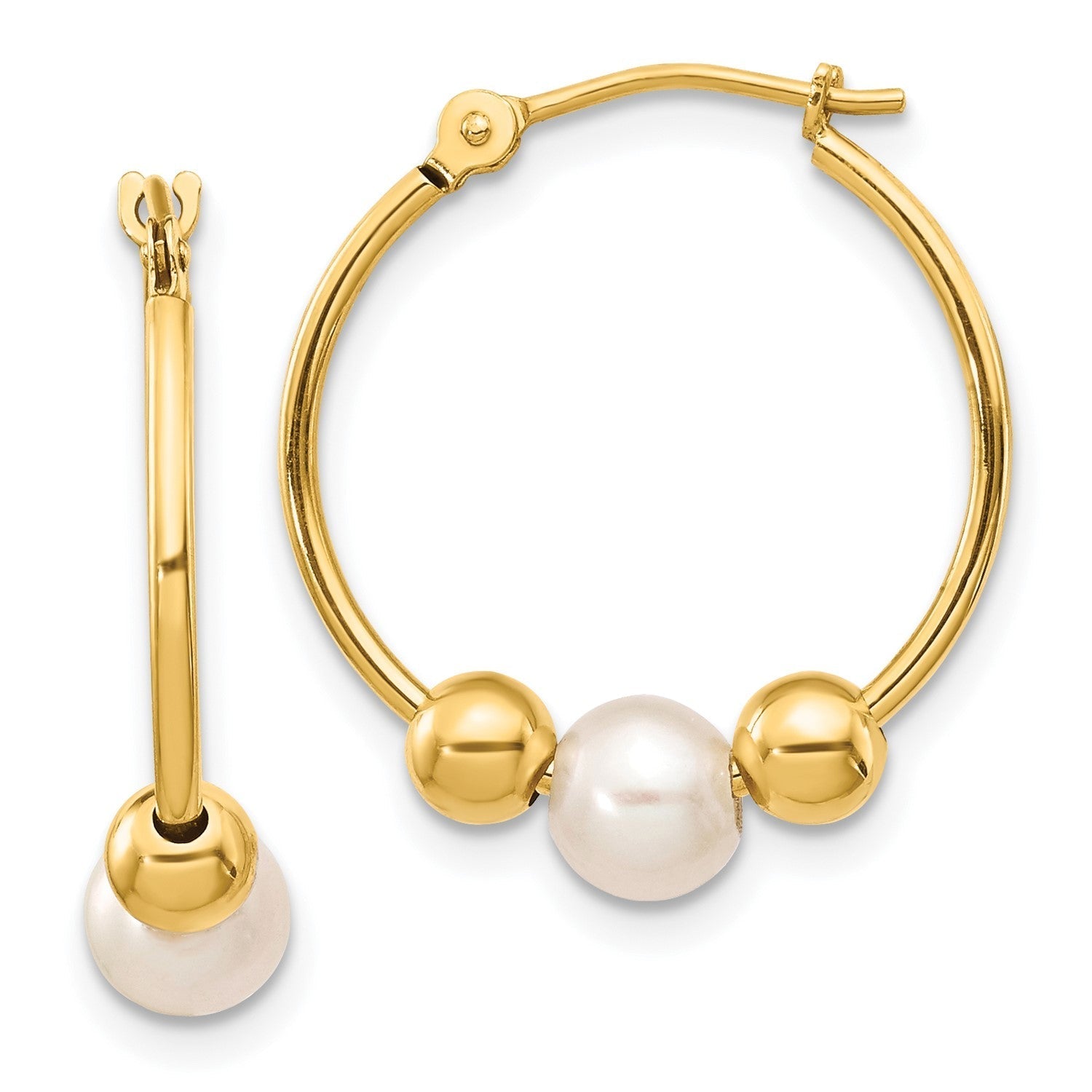 14k Real Yellow Gold 6mm Freshwater Cultured Pearl Hoop Earring, 19mm Diameter - JewelryAffairs