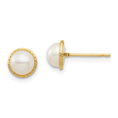 14k Real Yellow Gold 6mm White Button Freshwater Cultured Pearl Stud Earrings - JewelryAffairs