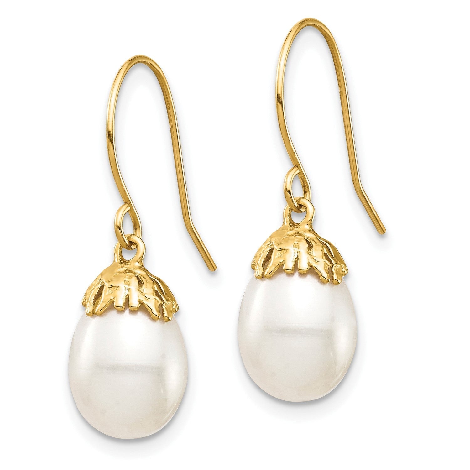 14k Real Yellow Gold 7 - 8mm White Rice Freshwater Cultured Pearl French Wire Drop Earrings, 23mm - JewelryAffairs